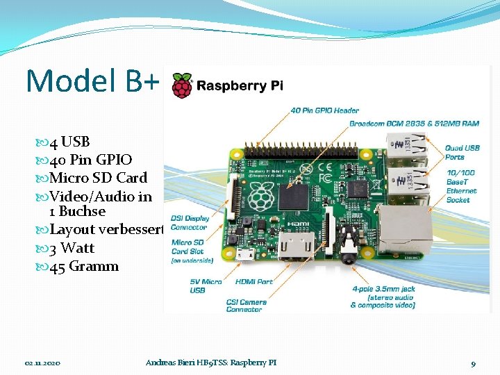 Model B+ 4 USB 40 Pin GPIO Micro SD Card Video/Audio in 1 Buchse