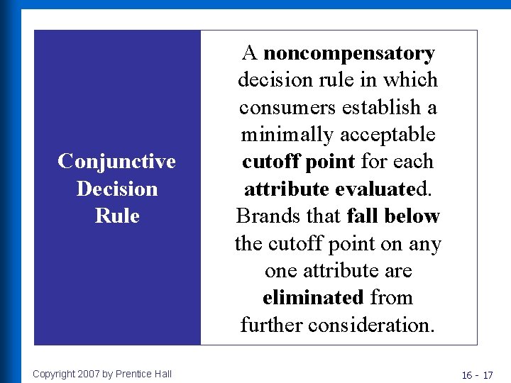 Conjunctive Decision Rule Copyright 2007 by Prentice Hall A noncompensatory decision rule in which