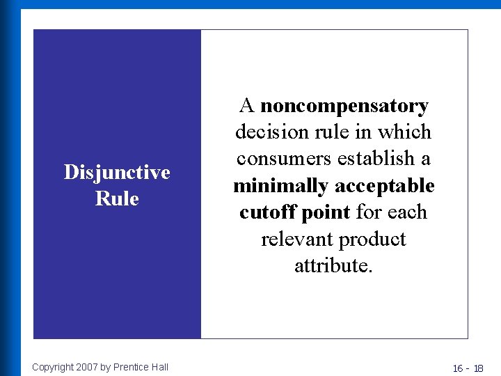 Disjunctive Rule Copyright 2007 by Prentice Hall A noncompensatory decision rule in which consumers Disjunctive Rule Copyright 2007 by Prentice Hall A noncompensatory decision rule in which consumers