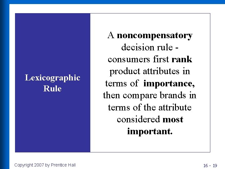 Lexicographic Rule Copyright 2007 by Prentice Hall A noncompensatory decision rule consumers first rank Lexicographic Rule Copyright 2007 by Prentice Hall A noncompensatory decision rule consumers first rank