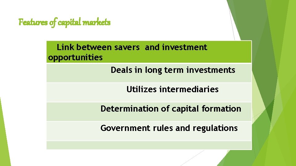 Features of capital markets Link between savers and investment opportunities Deals in long term