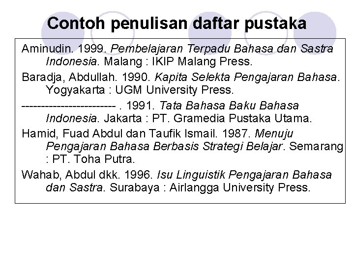 Contoh penulisan daftar pustaka Aminudin. 1999. Pembelajaran Terpadu Bahasa dan Sastra Indonesia. Malang :