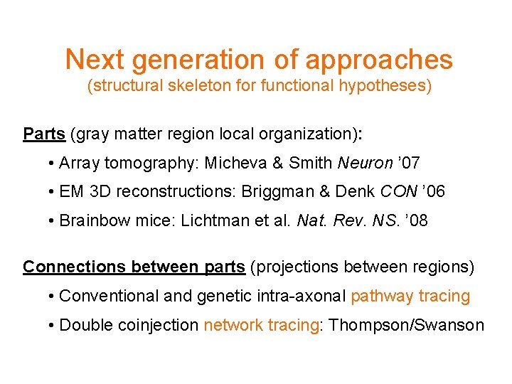 Next generation of approaches (structural skeleton for functional hypotheses) Parts (gray matter region local