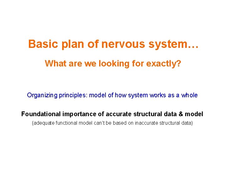 Basic plan of nervous system… What are we looking for exactly? Organizing principles: model