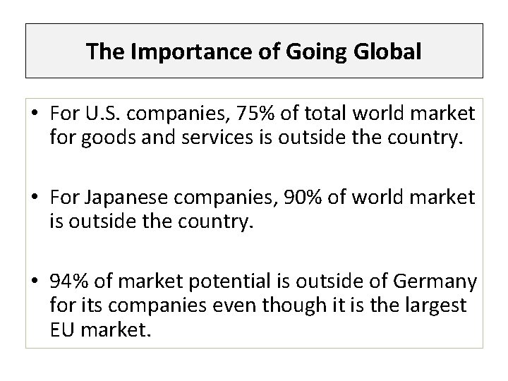 The Importance of Going Global • For U. S. companies, 75% of total world