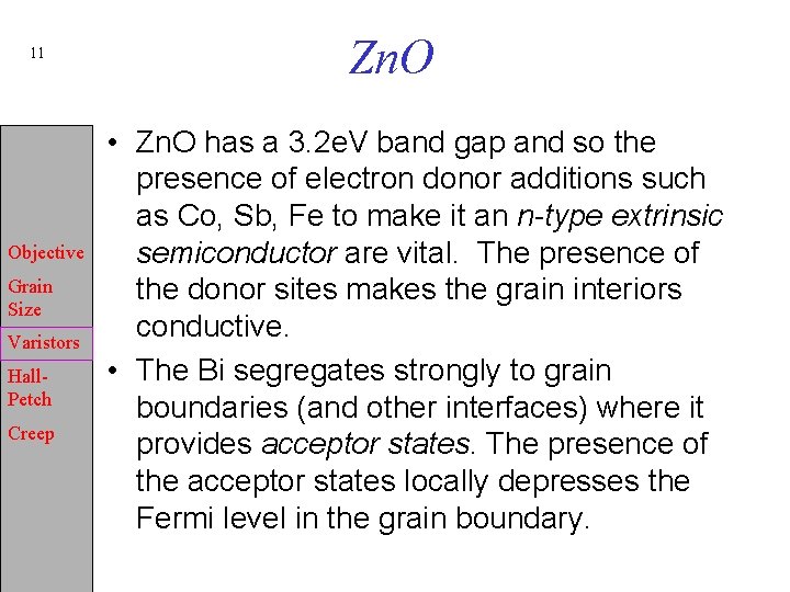 11 Objective Grain Size Varistors Hall. Petch Creep Zn. O • Zn. O has