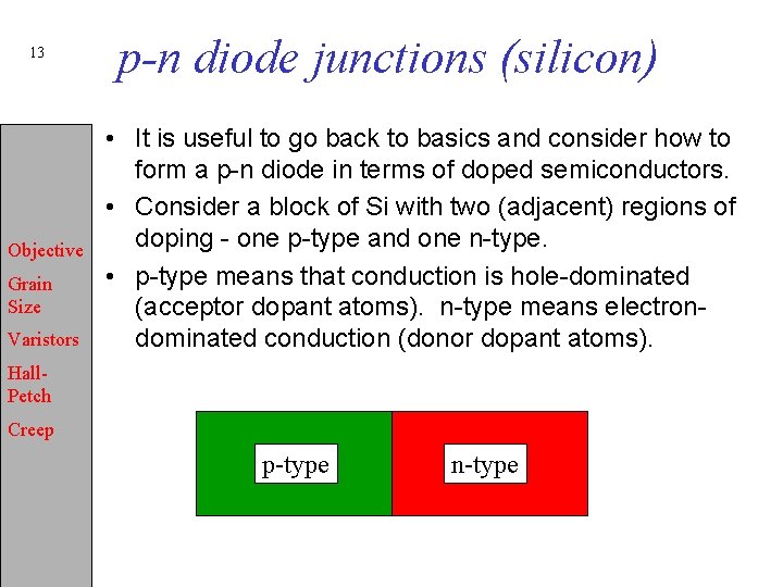 13 Objective Grain Size Varistors p-n diode junctions (silicon) • It is useful to
