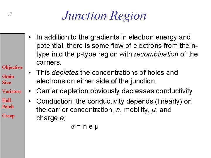 17 Objective Grain Size Varistors Hall. Petch Creep Junction Region • In addition to