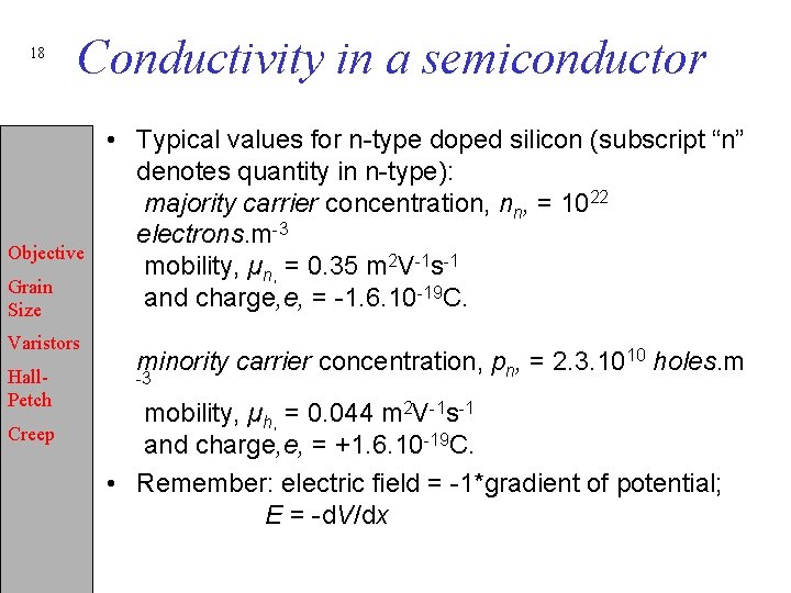 18 Conductivity in a semiconductor Objective Grain Size Varistors Hall. Petch Creep • Typical