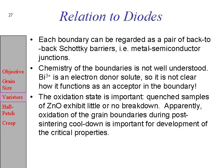 27 Objective Grain Size Varistors Hall. Petch Creep Relation to Diodes • Each boundary