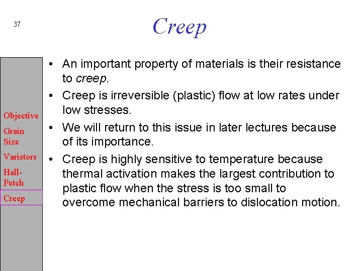 37 Objective Grain Size Varistors Hall. Petch Creep • An important property of materials