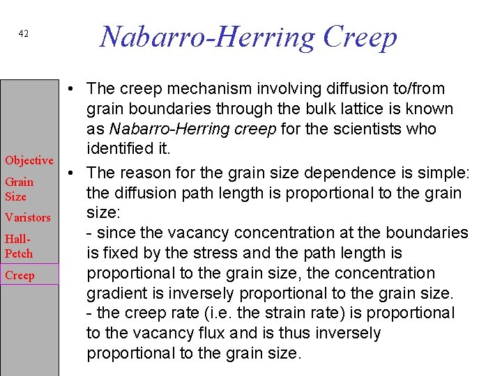 42 Objective Grain Size Varistors Hall. Petch Creep Nabarro-Herring Creep • The creep mechanism