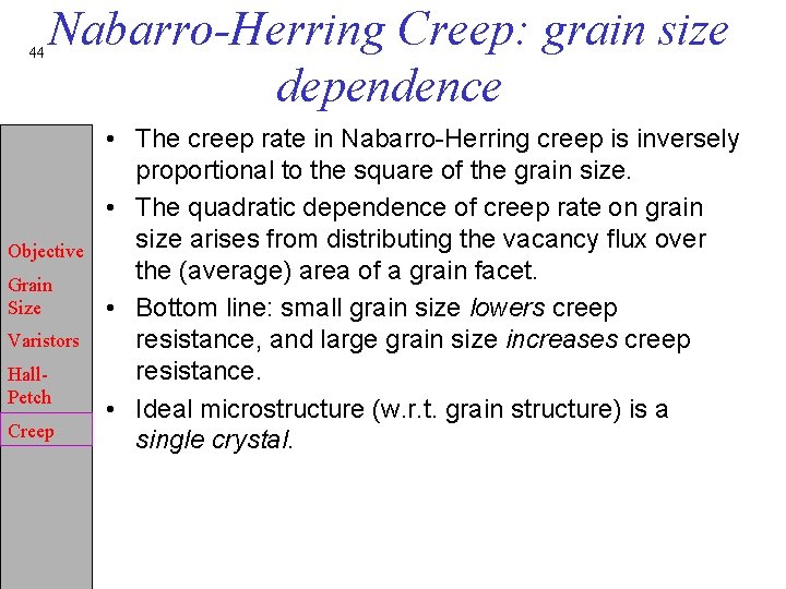 44 Nabarro-Herring Creep: grain size dependence Objective Grain Size Varistors Hall. Petch Creep •