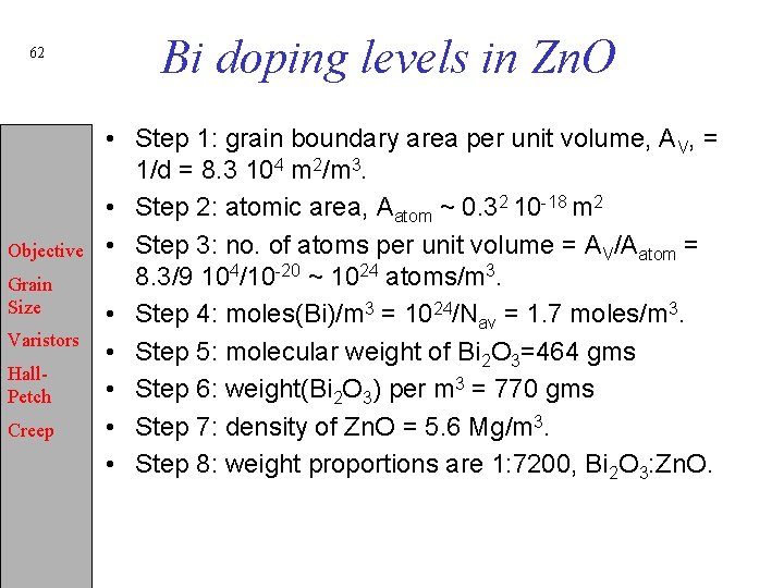 62 Objective Grain Size Varistors Hall. Petch Creep Bi doping levels in Zn. O