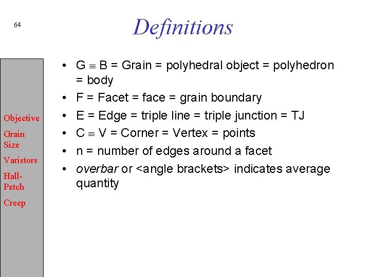 64 Objective Grain Size Varistors Hall. Petch Creep Definitions • G B = Grain