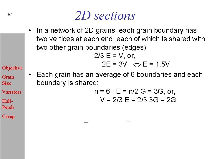 67 Objective Grain Size Varistors Hall. Petch Creep 2 D sections • In a