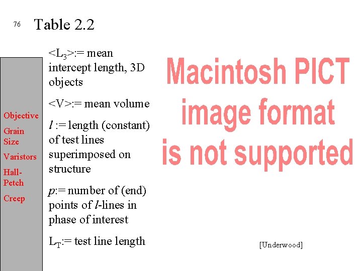 76 Table 2. 2 <L 3>: = mean intercept length, 3 D objects <V>: