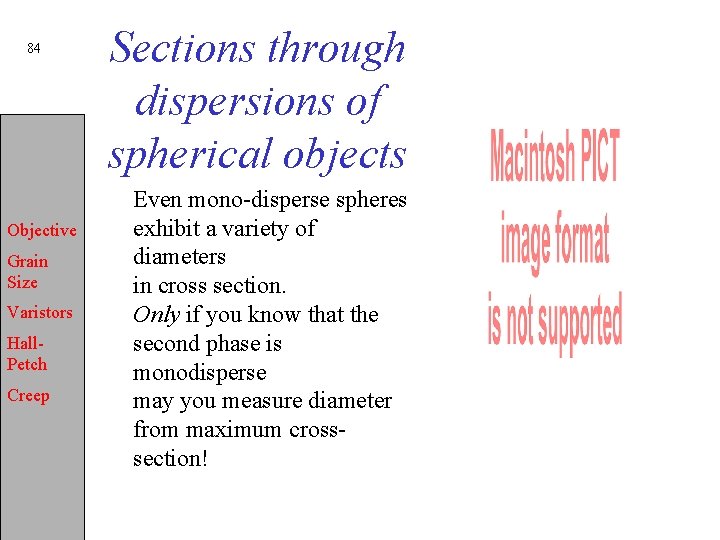 84 Objective Grain Size Varistors Hall. Petch Creep Sections through dispersions of spherical objects