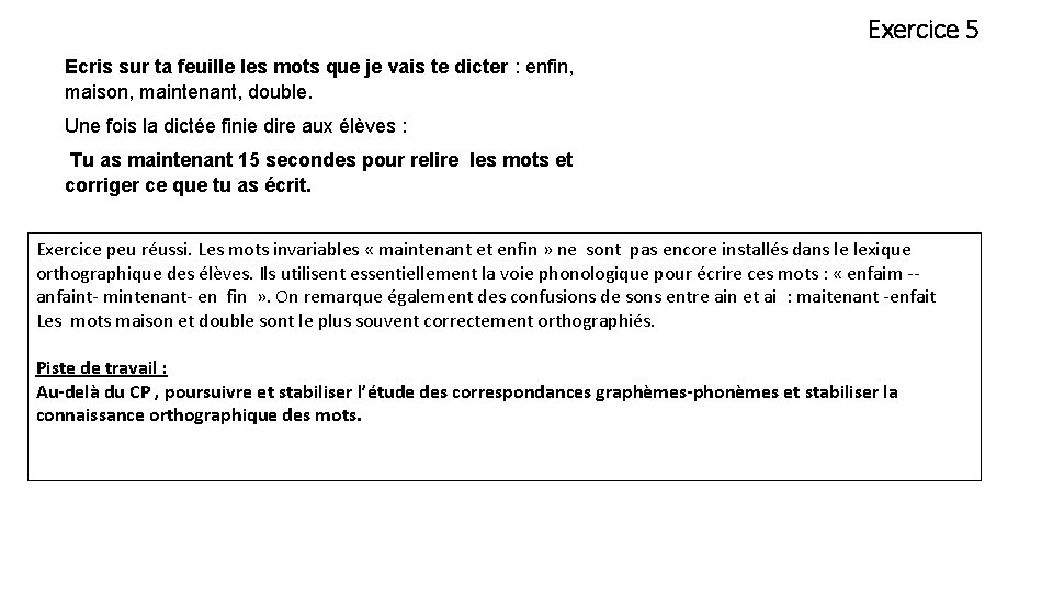 Exercice 5 Ecris sur ta feuille les mots que je vais te dicter :