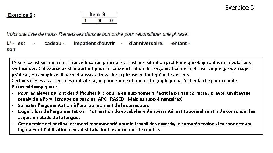 Exercice 6 L’exercice est surtout réussi hors éducation prioritaire. C’est une situation problème qui