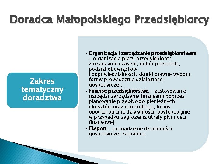 Doradca Małopolskiego Przedsiębiorcy Zakres tematyczny doradztwa • Organizacja i zarządzanie przedsiębiorstwem - organizacja pracy