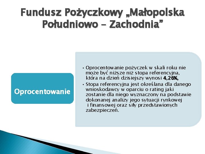 Fundusz Pożyczkowy „Małopolska Południowo – Zachodnia” Oprocentowanie • Oprocentowanie pożyczek w skali roku nie