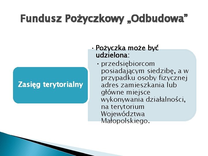 Fundusz Pożyczkowy „Odbudowa” Zasięg terytorialny • Pożyczka może być udzielona: • przedsiębiorcom posiadającym siedzibę,