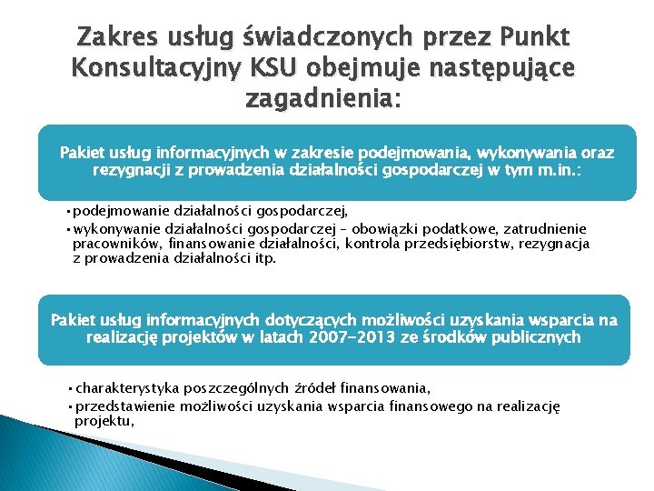 Zakres usług świadczonych przez Punkt Konsultacyjny KSU obejmuje następujące zagadnienia: Pakiet usług informacyjnych w