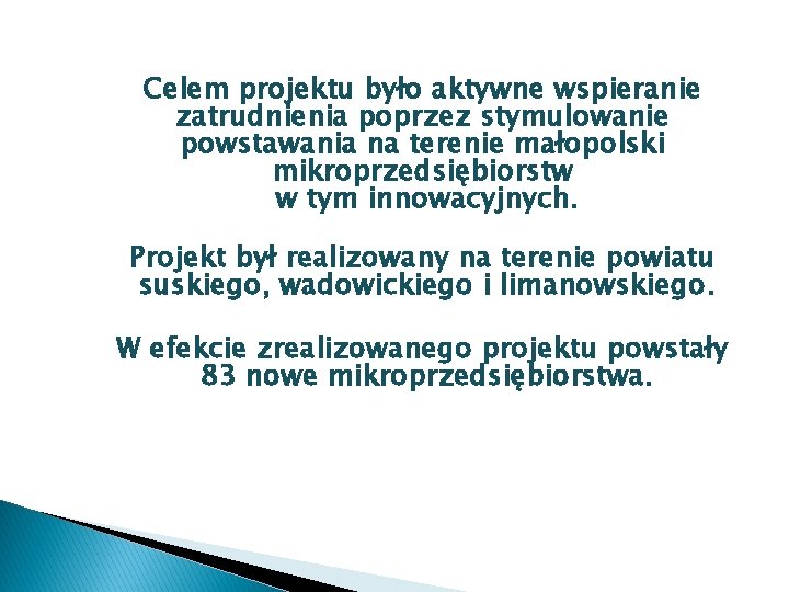 Celem projektu było aktywne wspieranie zatrudnienia poprzez stymulowanie powstawania na terenie małopolski mikroprzedsiębiorstw w