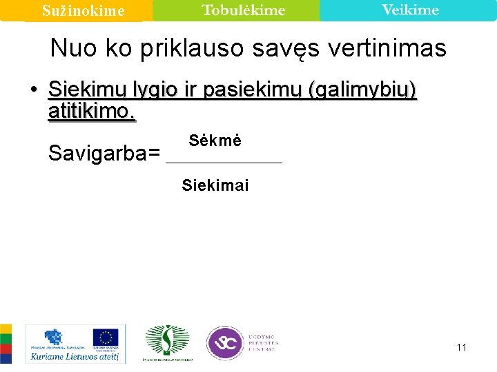 Sužinokime Nuo ko priklauso savęs vertinimas • Siekimų lygio ir pasiekimų (galimybių) atitikimo. Savigarba=