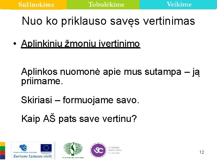 Sužinokime Nuo ko priklauso savęs vertinimas • Aplinkinių žmonių įvertinimo Aplinkos nuomonė apie mus