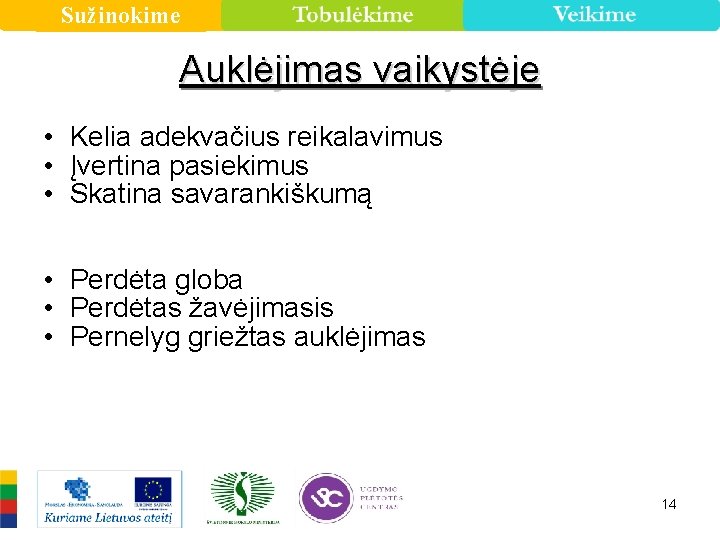 Sužinokime Auklėjimas vaikystėje • Kelia adekvačius reikalavimus • Įvertina pasiekimus • Skatina savarankiškumą •