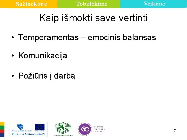 Sužinokime Kaip išmokti save vertinti • Temperamentas – emocinis balansas • Komunikacija • Požiūris