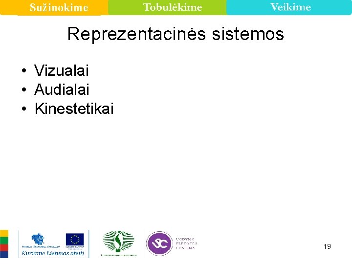 Sužinokime Reprezentacinės sistemos • Vizualai • Audialai • Kinestetikai 19 