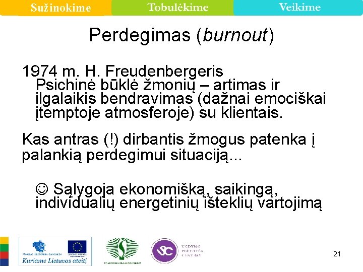 Sužinokime Perdegimas (burnout) 1974 m. H. Freudenbergeris Psichinė būklė žmonių – artimas ir ilgalaikis