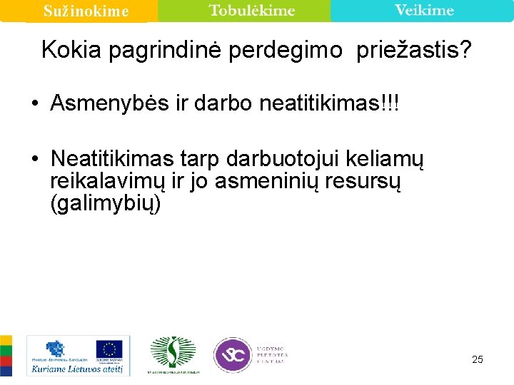 Sužinokime Kokia pagrindinė perdegimo priežastis? • Asmenybės ir darbo neatitikimas!!! • Neatitikimas tarp darbuotojui