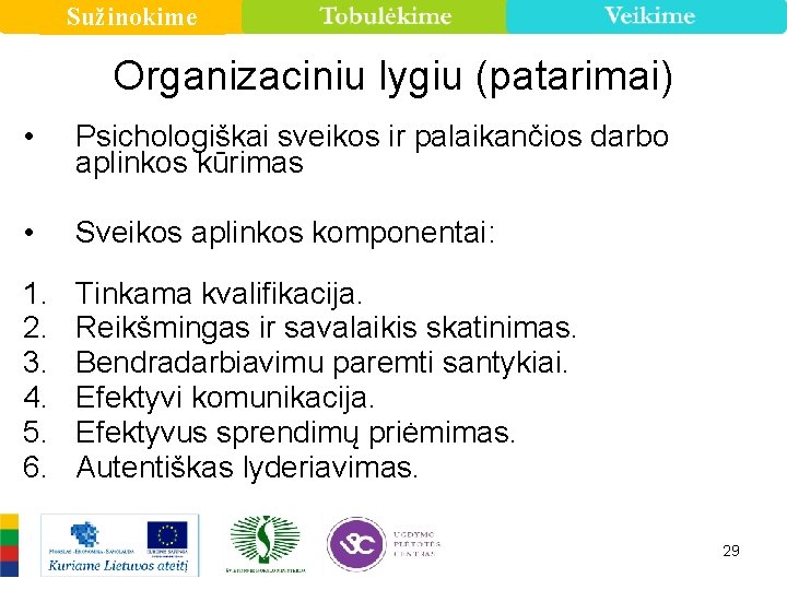 Sužinokime Organizaciniu lygiu (patarimai) • Psichologiškai sveikos ir palaikančios darbo aplinkos kūrimas • Sveikos