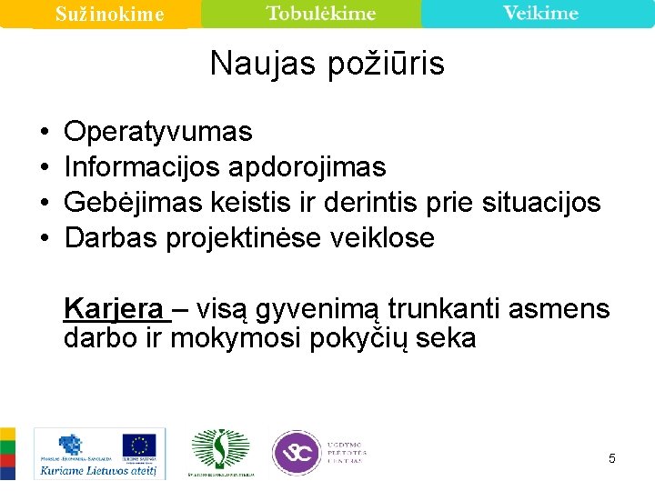 Sužinokime Naujas požiūris • • Operatyvumas Informacijos apdorojimas Gebėjimas keistis ir derintis prie situacijos