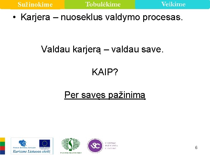 Sužinokime • Karjera – nuoseklus valdymo procesas. Valdau karjerą – valdau save. KAIP? Per