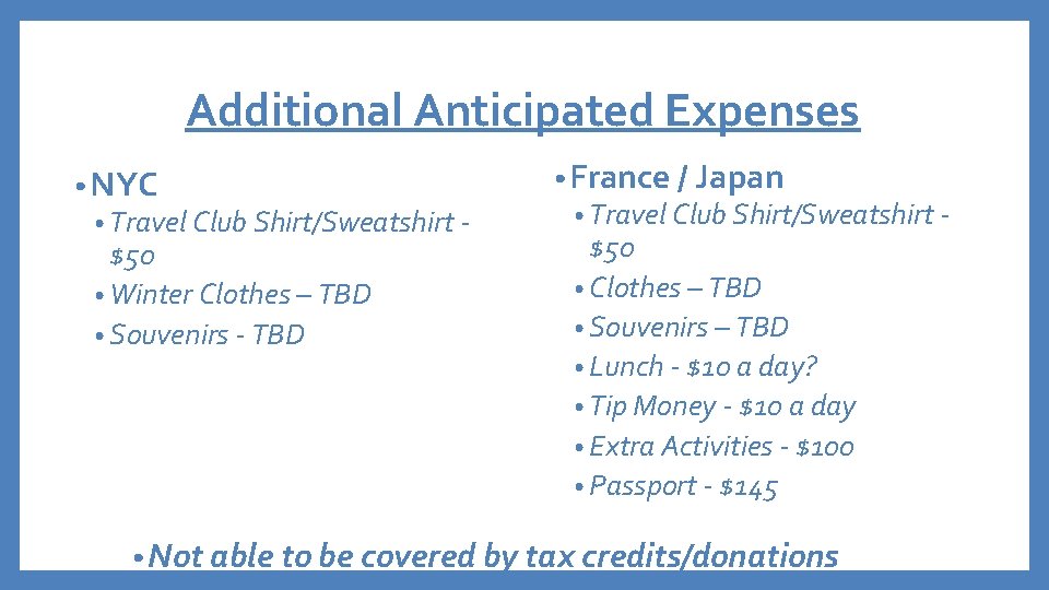 Additional Anticipated Expenses • NYC • Travel Club Shirt/Sweatshirt - $50 • Winter Clothes