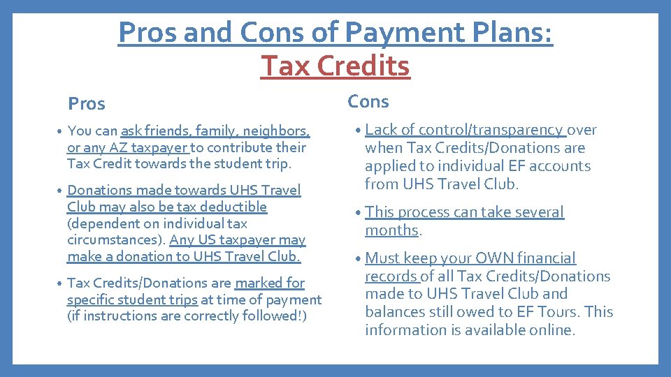 Pros and Cons of Payment Plans: Tax Credits Pros • You can ask friends,