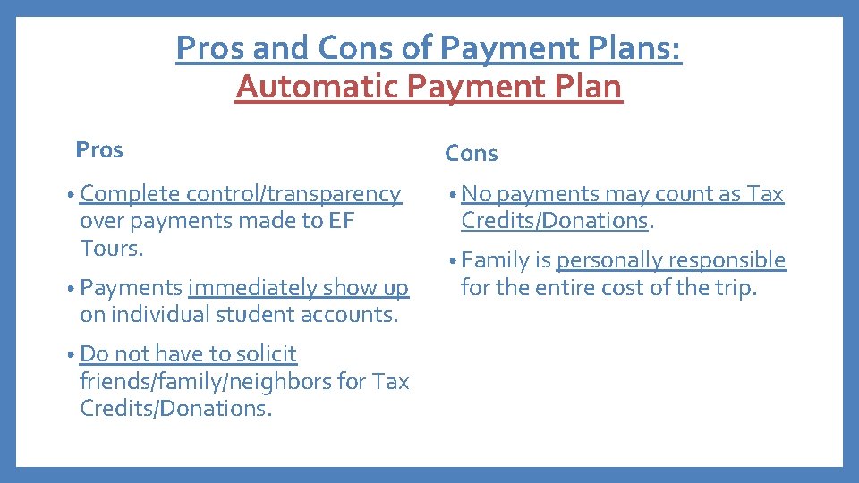 Pros and Cons of Payment Plans: Automatic Payment Plan Pros • Complete control/transparency over
