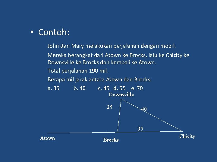  • Contoh: John dan Mary melakukan perjalanan dengan mobil. Mereka berangkat dari Atown