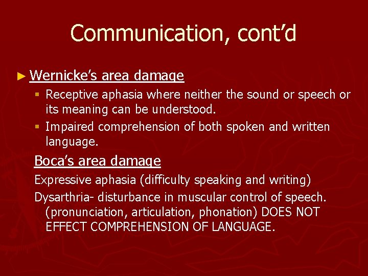 Communication, cont’d ► Wernicke’s area damage § Receptive aphasia where neither the sound or