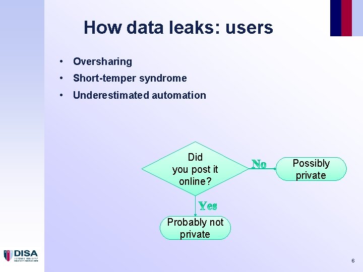 How data leaks: users • Oversharing • Short-temper syndrome • Underestimated automation Did you