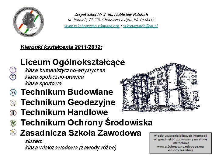 Zespół Szkół Nr 2 im. Noblistów Polskich ul. Polna 5, 73 -200 Choszczno tel/fax.