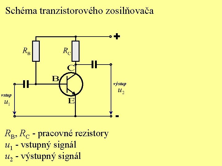 Schéma tranzistorového zosilňovača + výstup vstup RB, RC - pracovné rezistory u 1 -