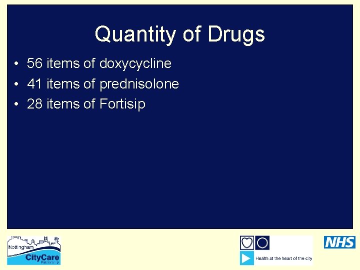 Quantity of Drugs • 56 items of doxycycline • 41 items of prednisolone •