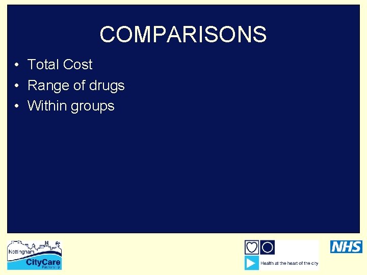 COMPARISONS • Total Cost • Range of drugs • Within groups 