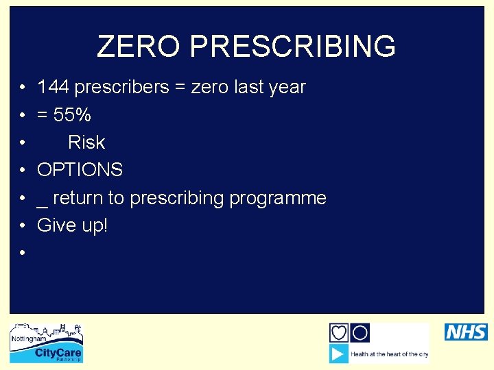 ZERO PRESCRIBING • • 144 prescribers = zero last year = 55% Risk OPTIONS